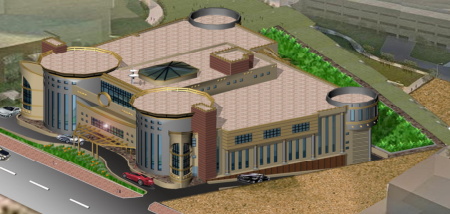 Aerial rendering of the Satellite Channel building